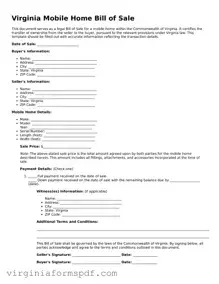 Legal Virginia Mobile Home Bill of Sale Template