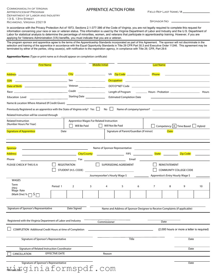 Virginia Apprentice Action Form