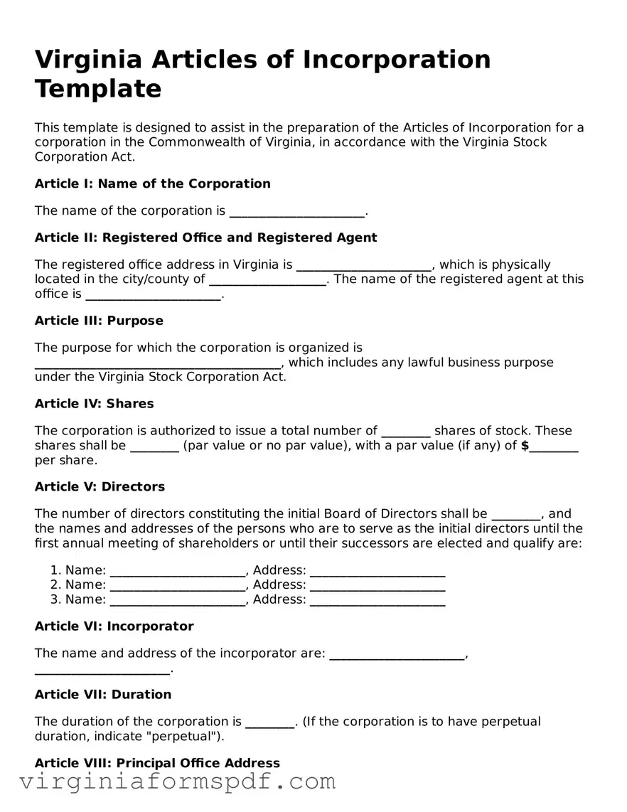 Legal Virginia Articles of Incorporation Template