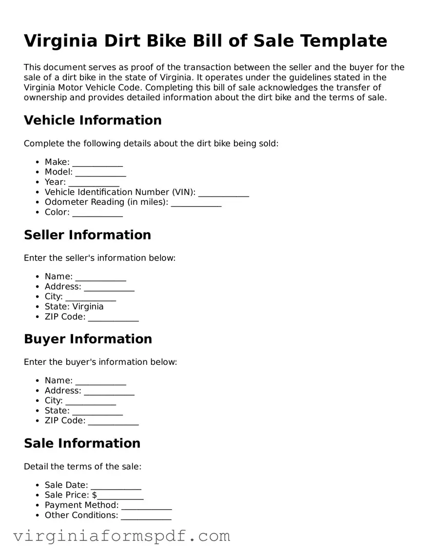Legal Virginia Dirt Bike Bill of Sale Template