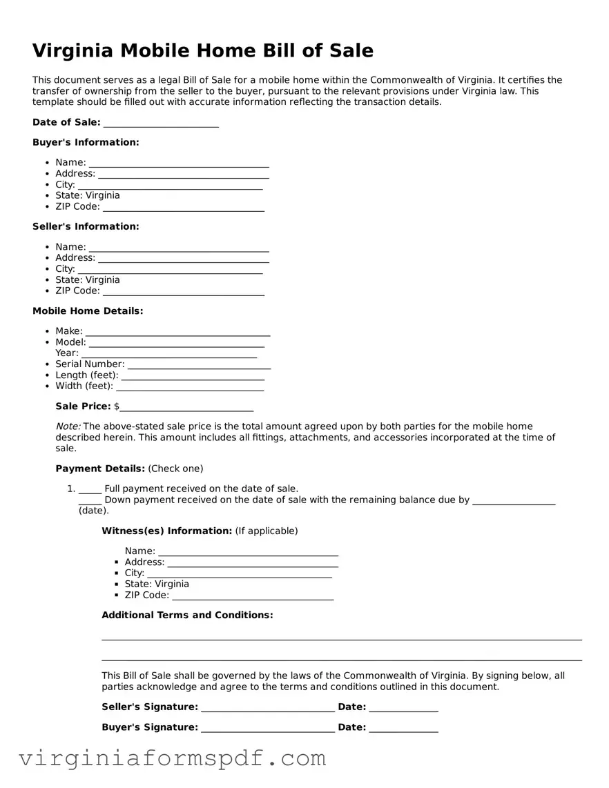 Legal Virginia Mobile Home Bill of Sale Template