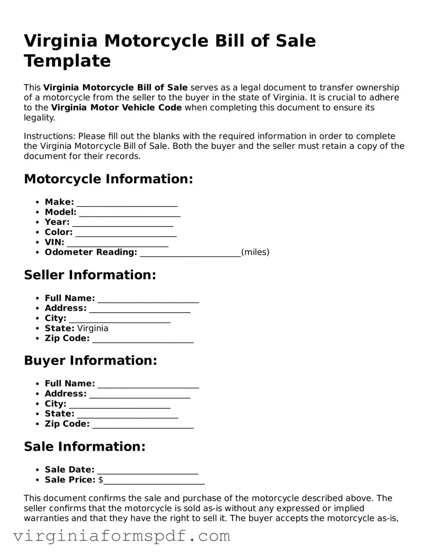 Legal Virginia Motorcycle Bill of Sale Template