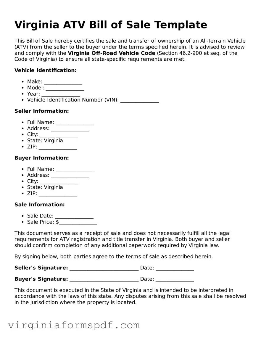 Legal Virginia ATV Bill of Sale Template
