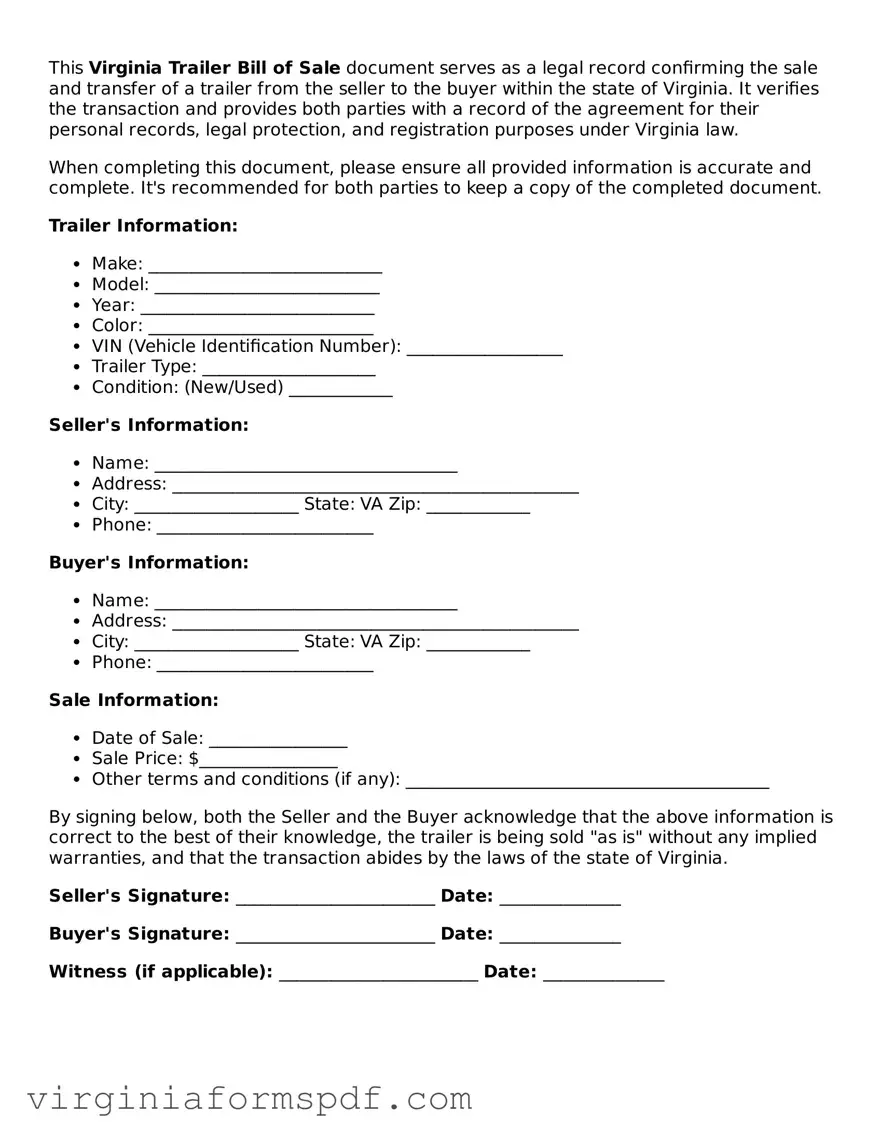Legal Virginia Trailer Bill of Sale Template