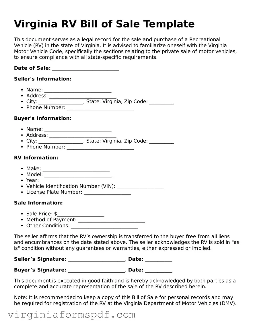Legal Virginia RV Bill of Sale Template