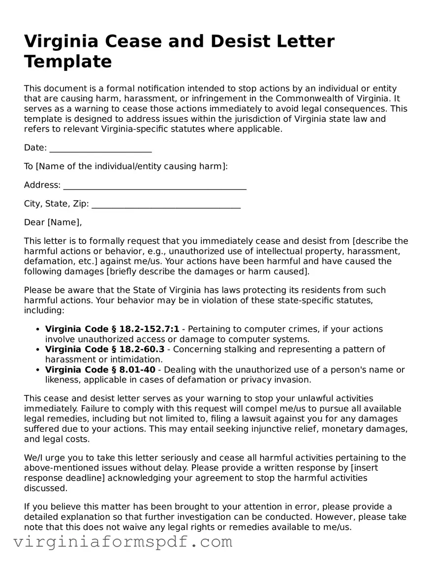 Legal Virginia Cease and Desist Letter Template