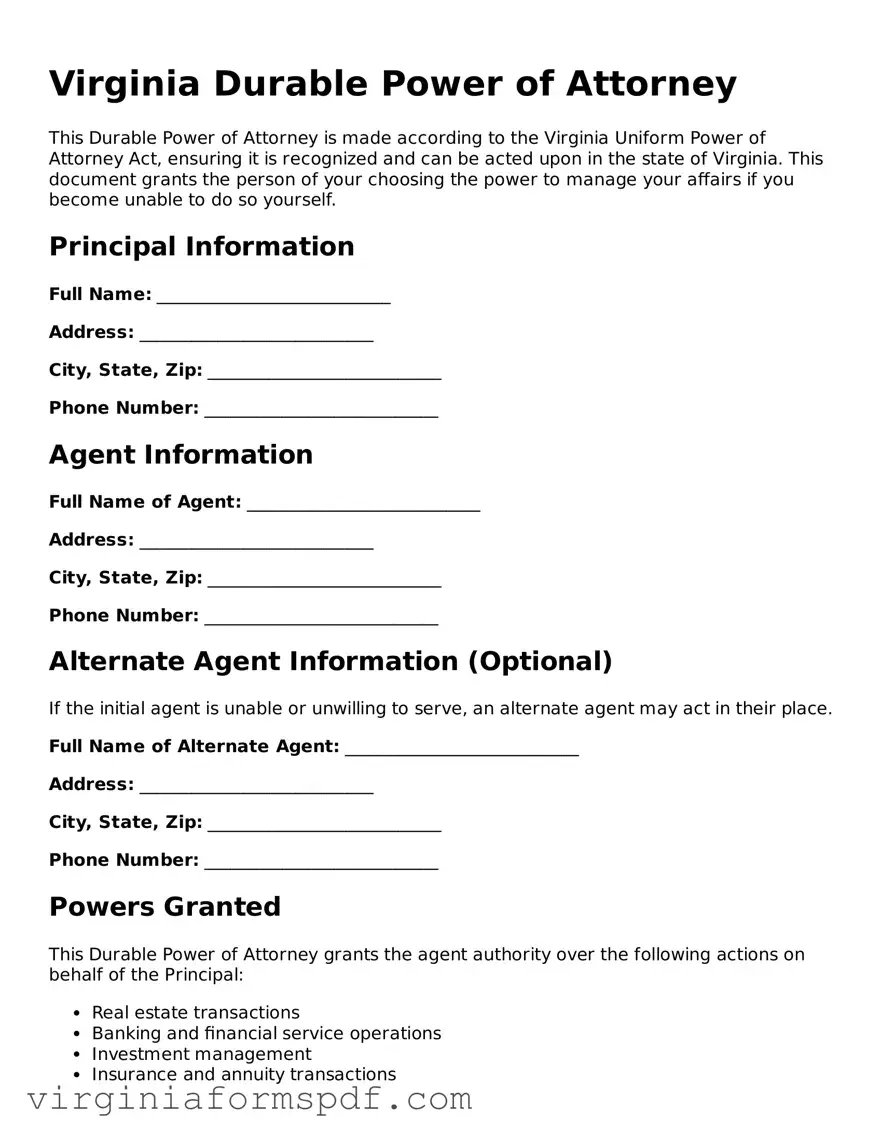 Legal Virginia Durable Power of Attorney Template
