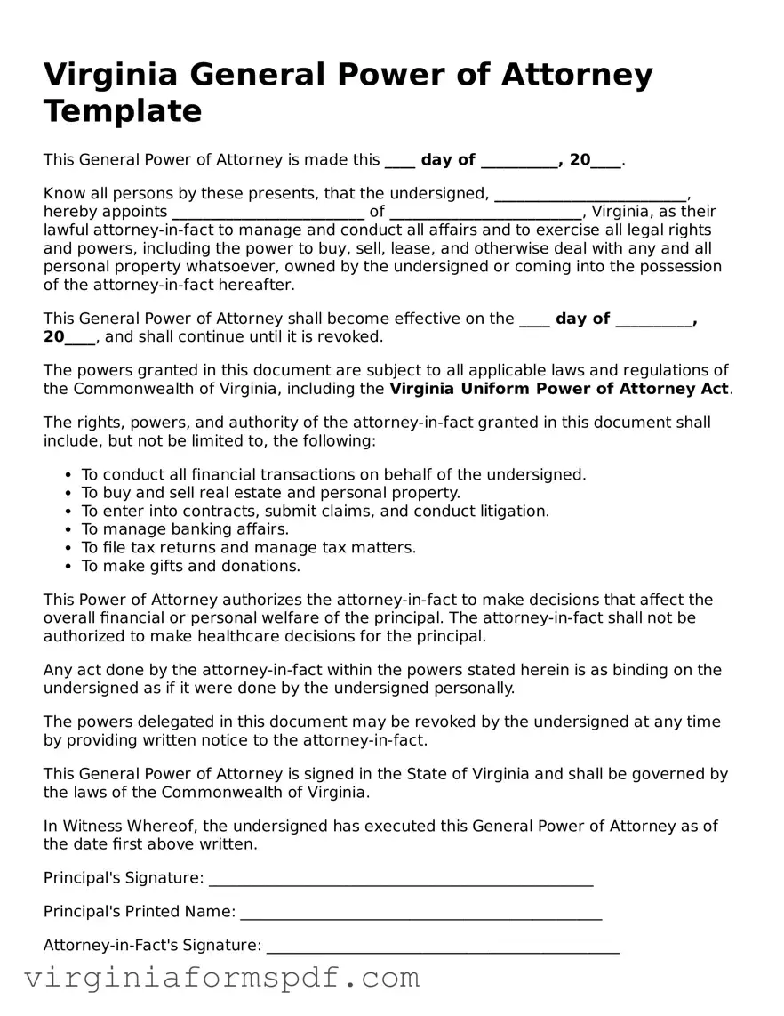 Legal Virginia General Power of Attorney Template