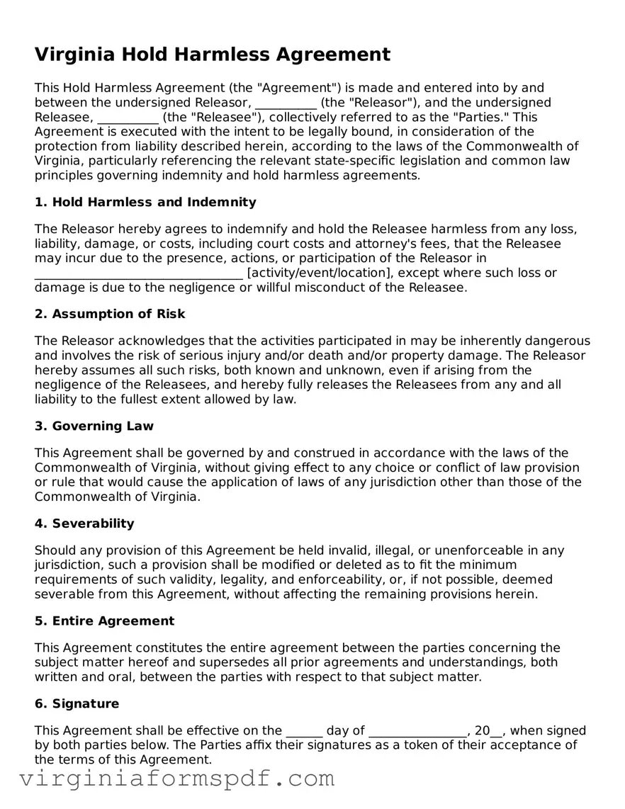 Legal Virginia Hold Harmless Agreement Template