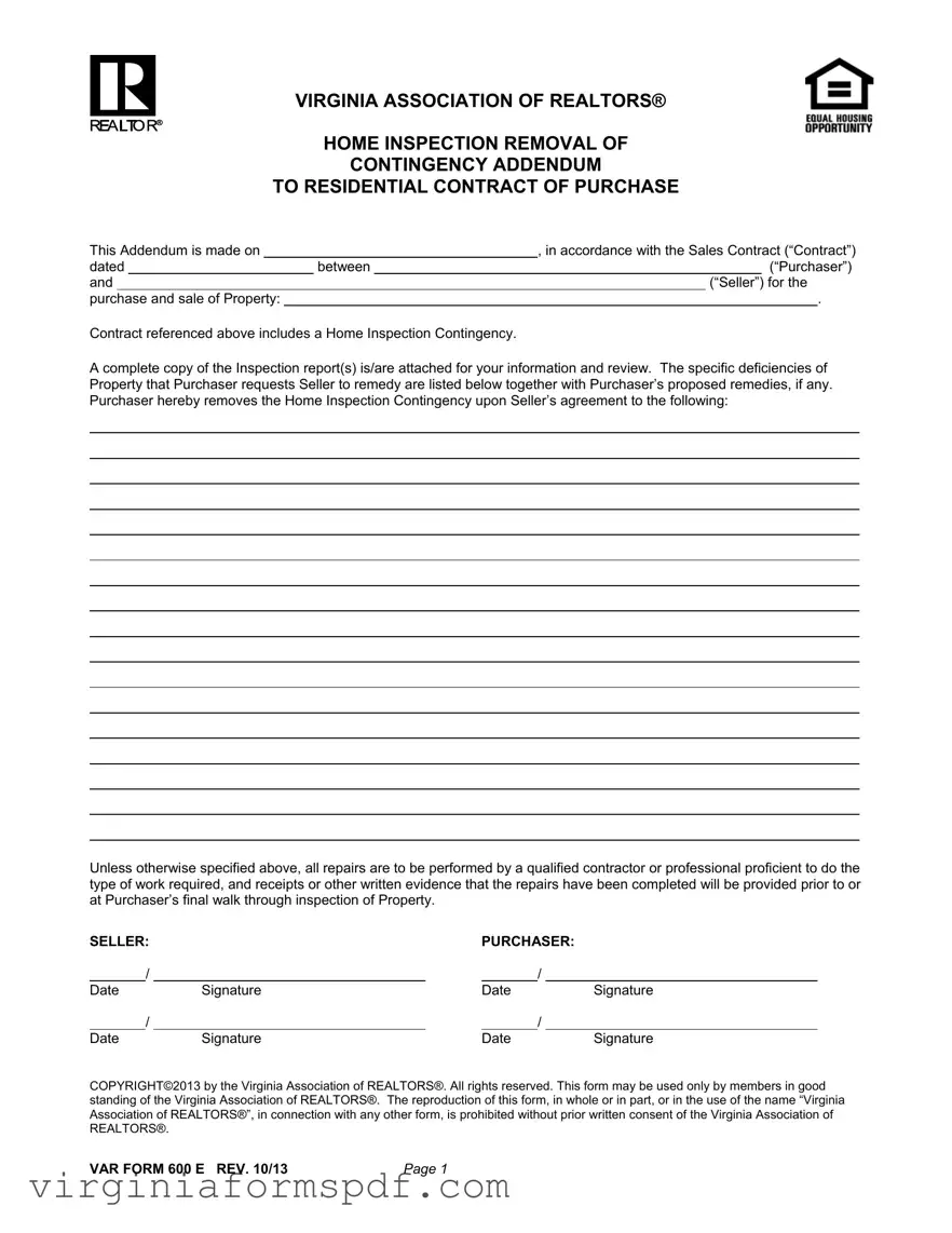 Virginia Home Inspection Addendum Form