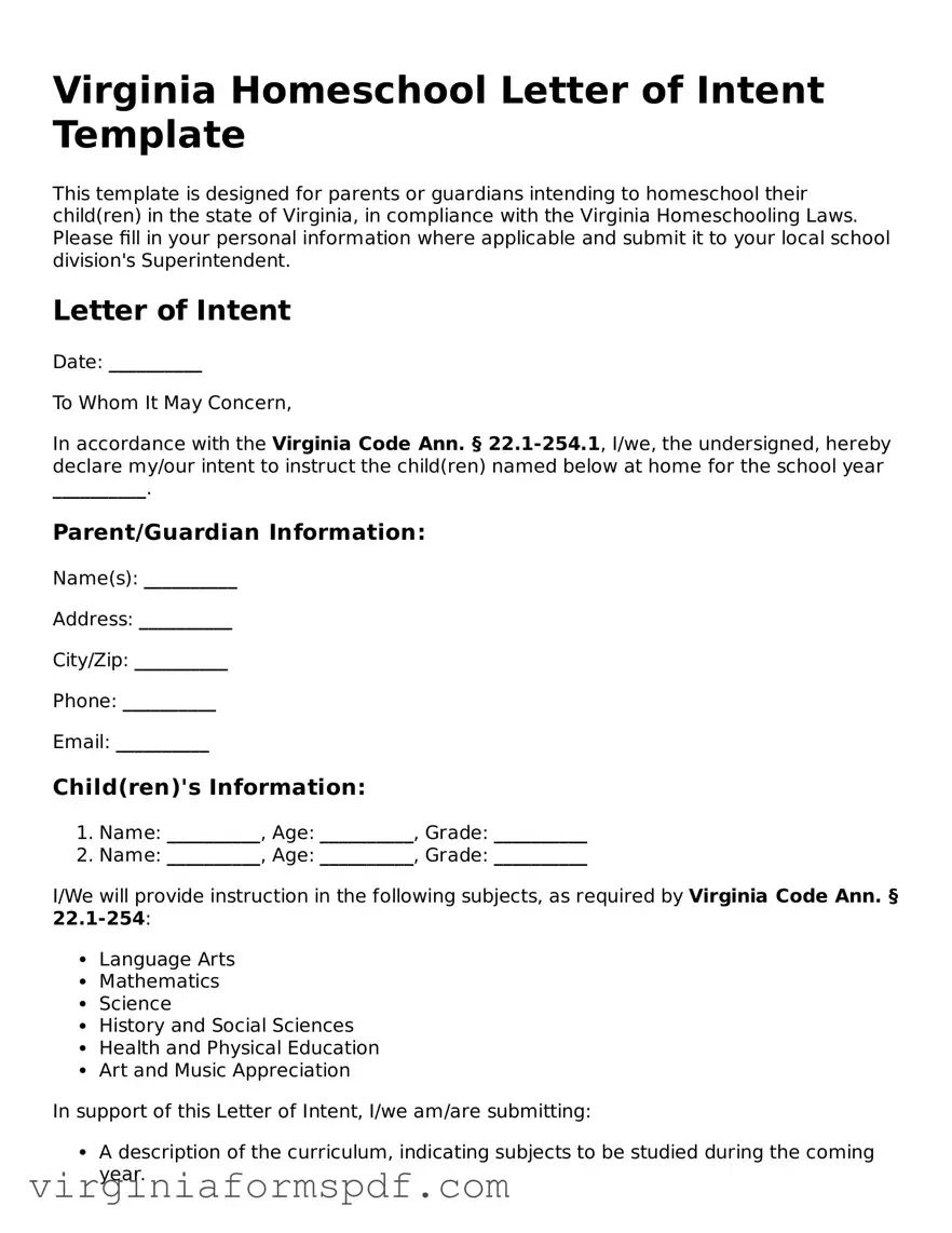 Legal Virginia Homeschool Letter of Intent Template
