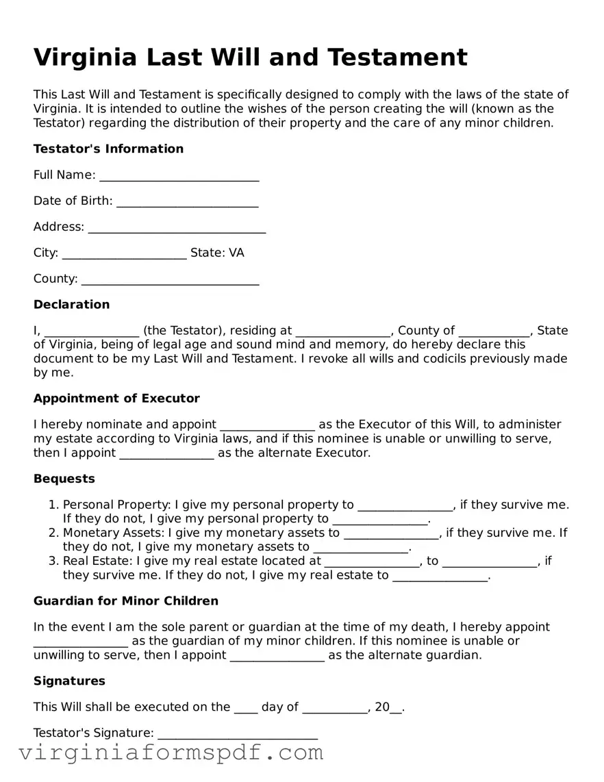 Legal Virginia Last Will and Testament Template