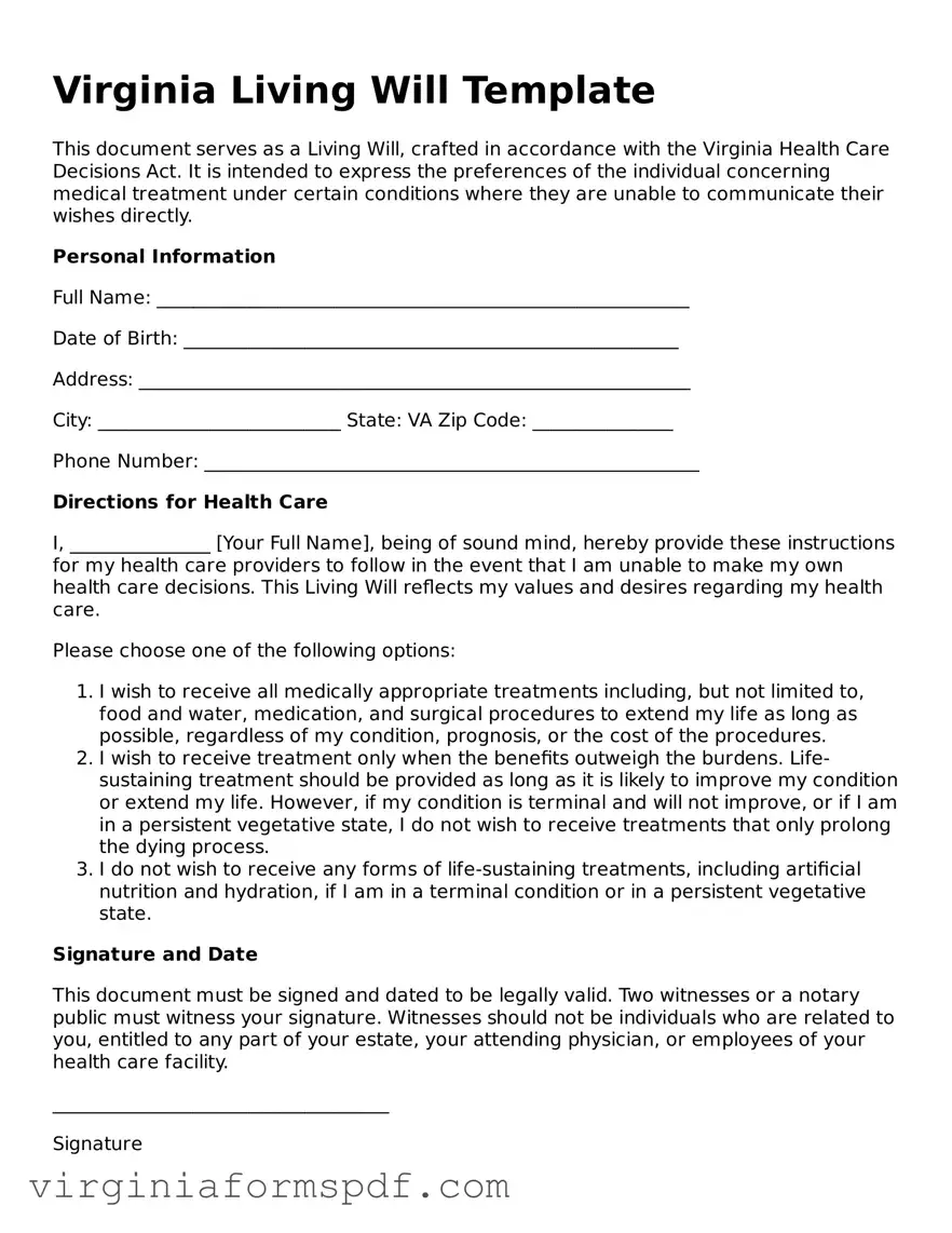 Legal Virginia Living Will Template
