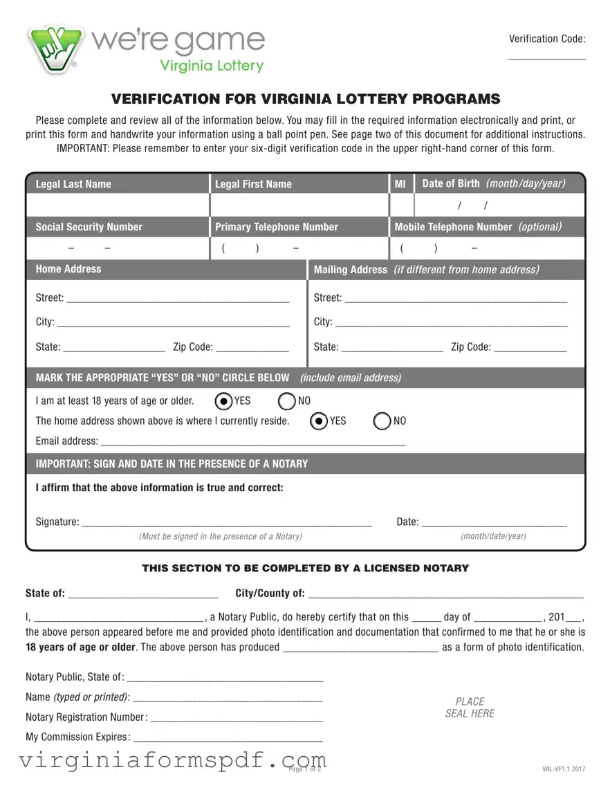 Virginia Lottery Form