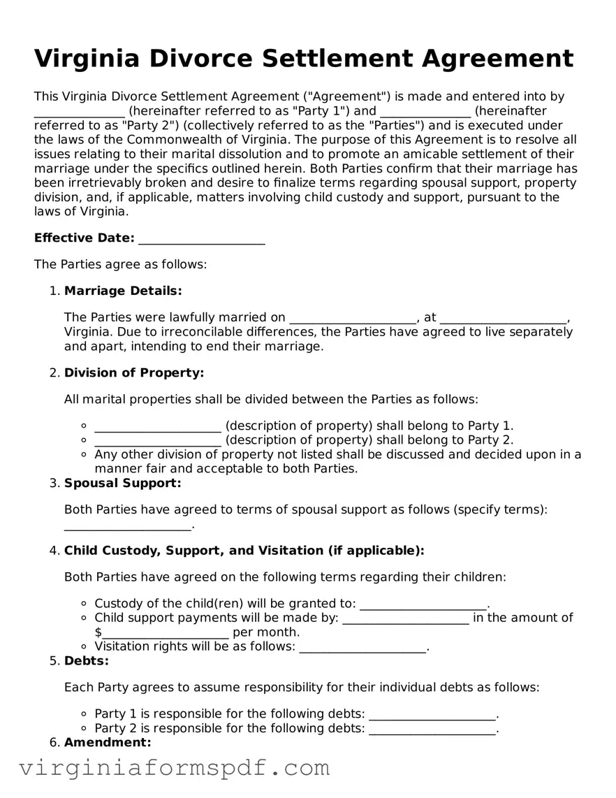 Legal Virginia Divorce Settlement Agreement Template
