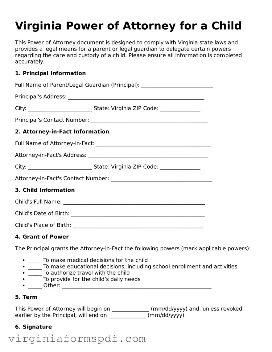 Legal Virginia Power of Attorney for a Child Template