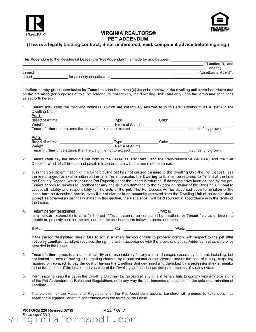 Virginia Realtors Pet Addendum Form