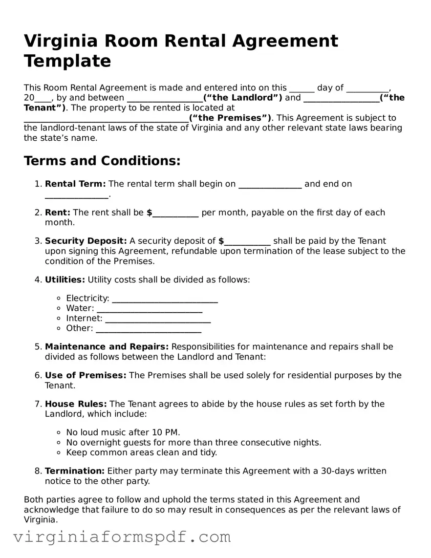 Legal Virginia Room Rental Agreement Template