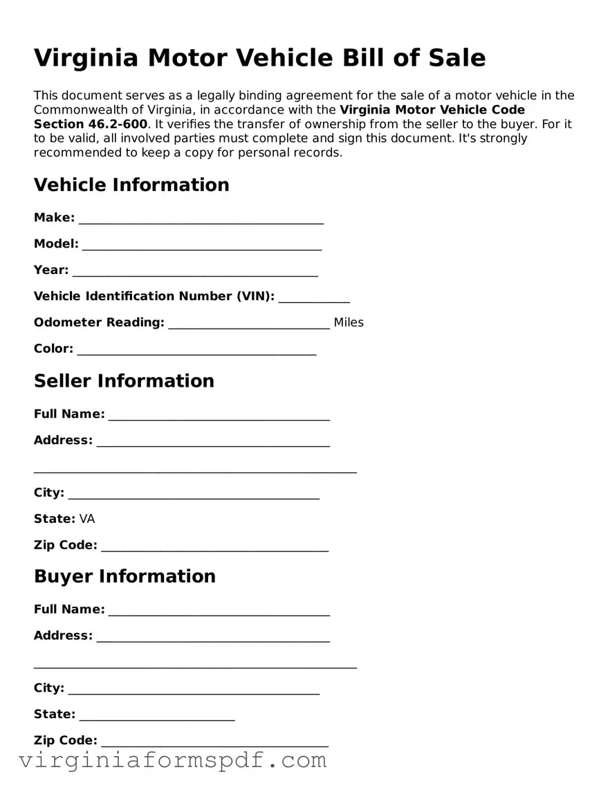 Legal Virginia Motor Vehicle Bill of Sale Template