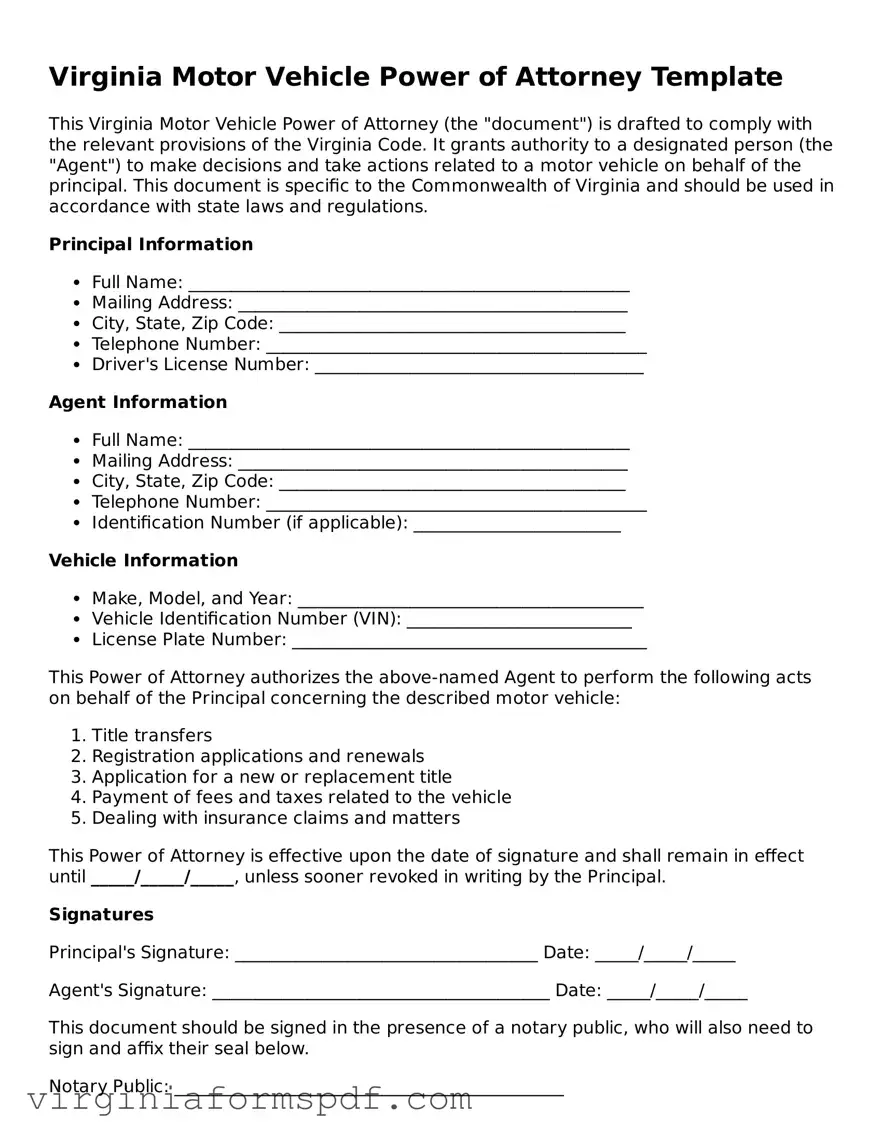 Legal Virginia Motor Vehicle Power of Attorney Template